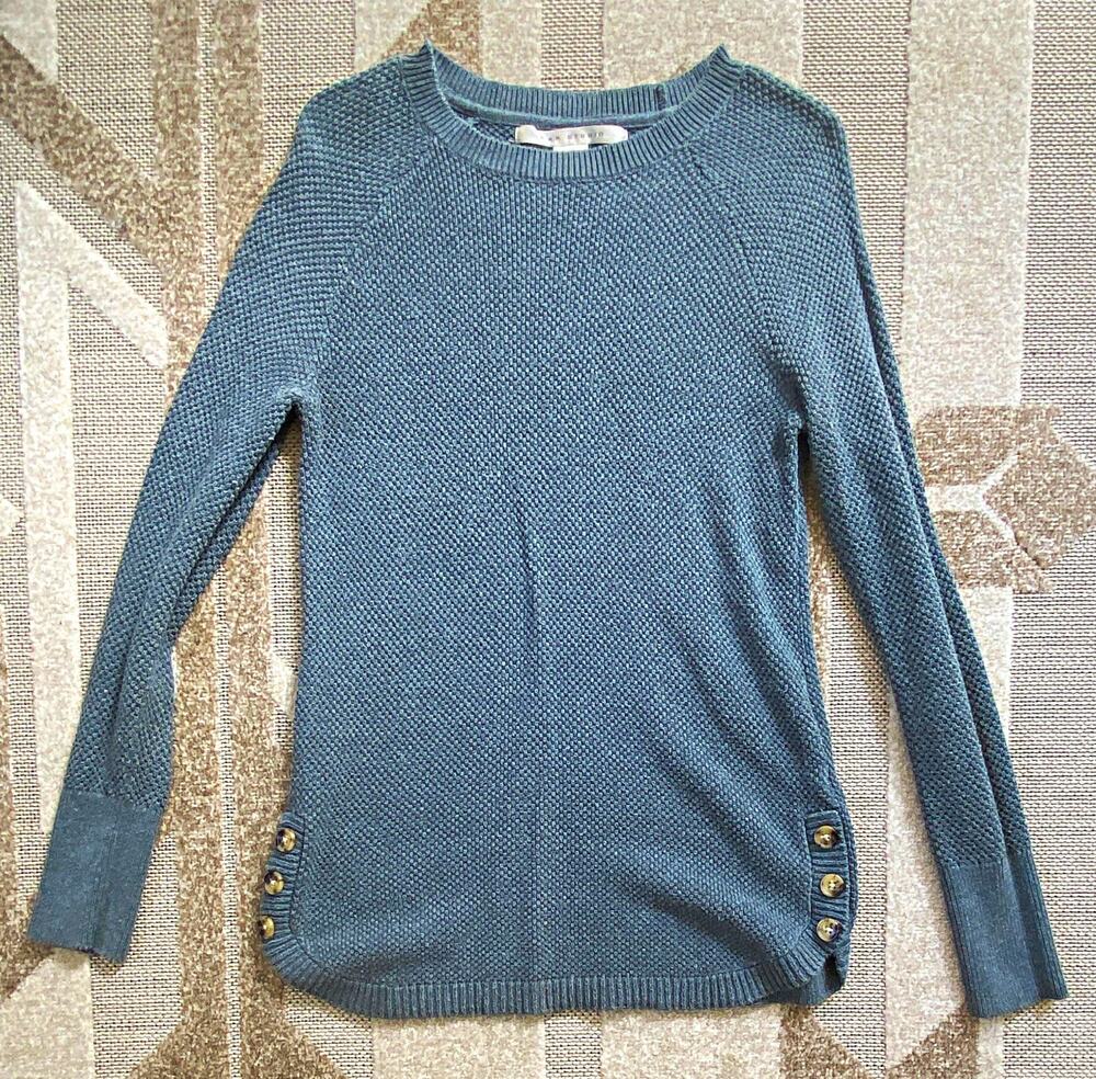 Max Studio Women’s Blue Solid Knit Crew Neck Long Sleeve Button Pullover S